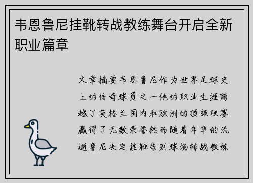 韦恩鲁尼挂靴转战教练舞台开启全新职业篇章 韦恩鲁尼挂靴转战教练舞台开启全新职业篇章